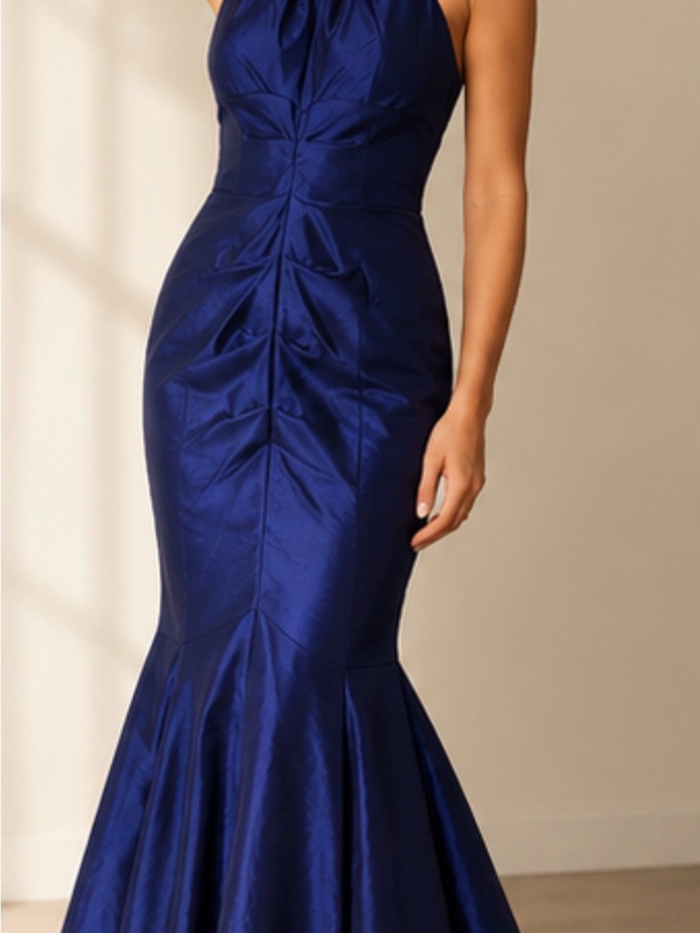 R&M Richards Beaded Neckline Sapphire Blue Mermaid Gown